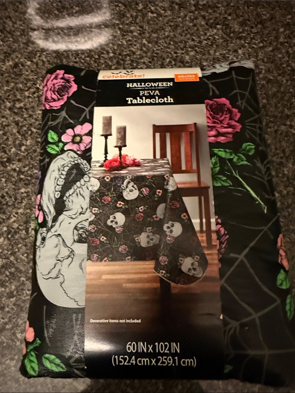 Celebrate It Halloween Tablecloth - Black with Pink Rose & White Skull Motif